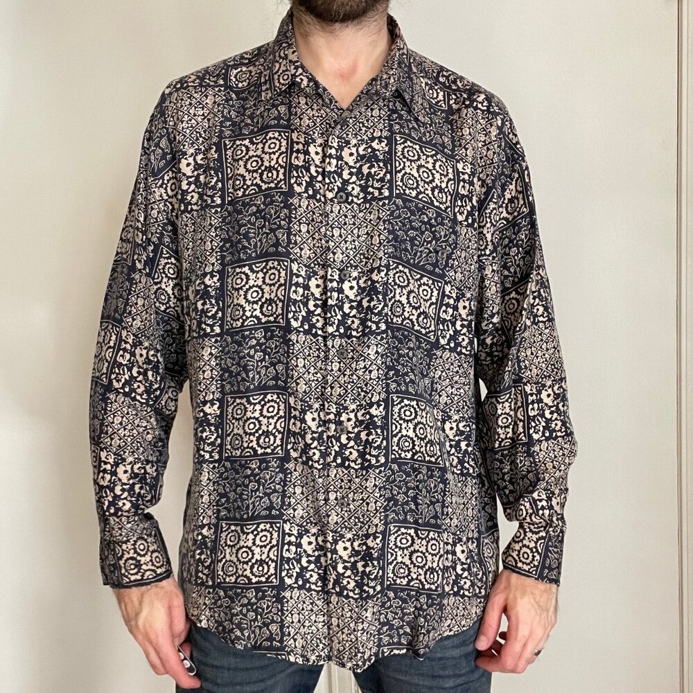 Vintage Chiamare Silk Shirt Men's Large Blue White Abstract Print 80s Relaxed